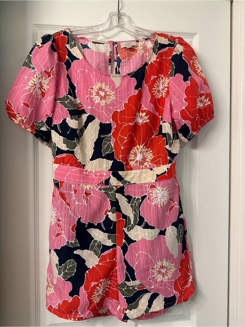 LOFT Floral Romper in Pink, Coral & Navy